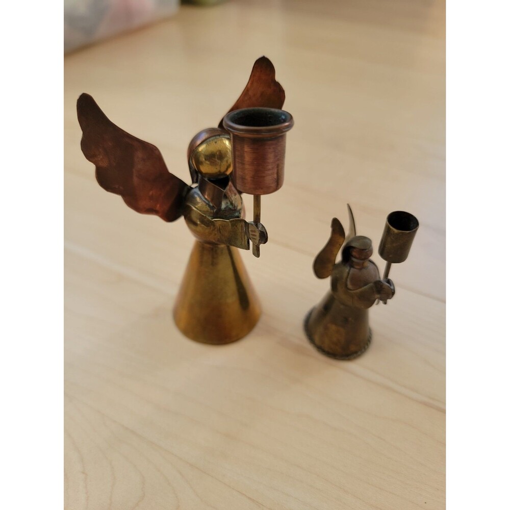 Vintage Set Of 2 Copper and Brass Angel Candle Holders Figurines 3" & 4"